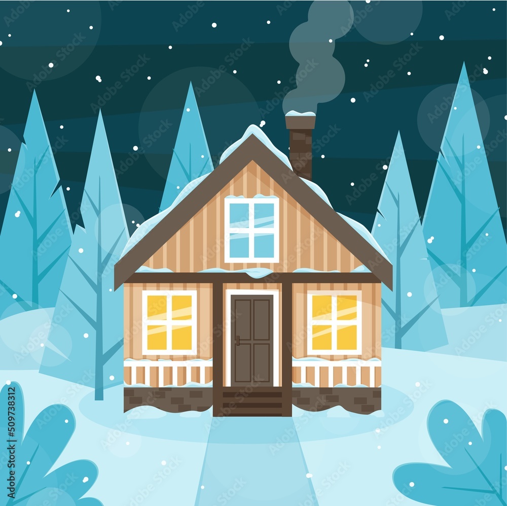 Wooden house on the background of fir trees. Snowy winter evening.
