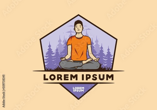 illustration of a someone doing yoga and meditating outdoors in a forest in nature among pine trees