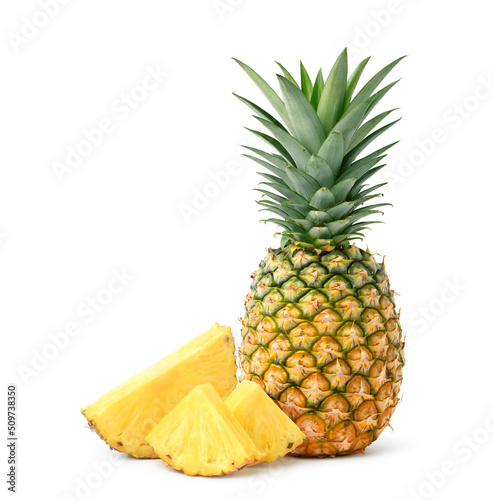 Pineapple with slices isolated on white background.