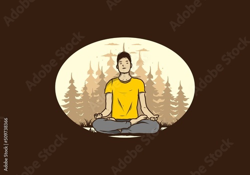 illustration of a someone doing yoga and meditating outdoors in a forest in nature among pine trees