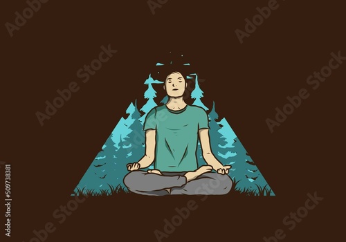 illustration of a someone doing yoga and meditating outdoors in a forest in nature among pine trees