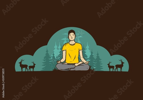 illustration of a someone doing yoga and meditating outdoors in a forest in nature among pine trees