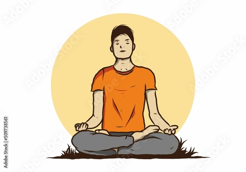 illustration of a someone doing yoga and meditating outdoors in a forest in nature among pine trees © Adipra