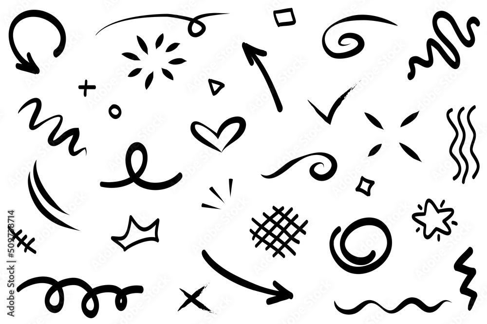 Vector set of different doodles. Hand drawn elements isolated on white background.