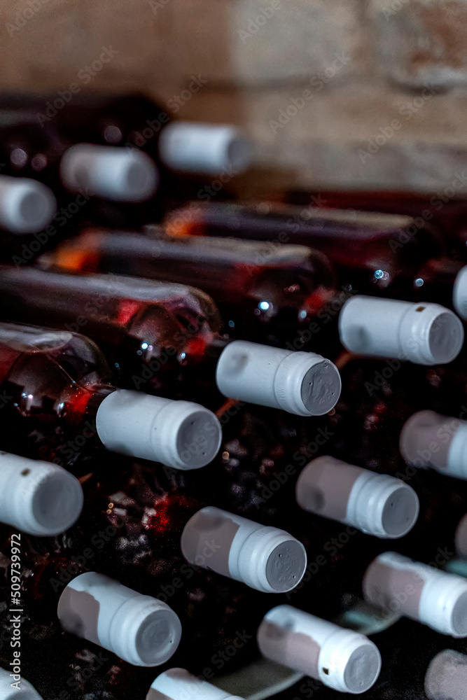 Rose wine bottles on the cellar wall, wine bottles on ancient cellar wall Rose wine bottles on the cellar wall, wine bottles on ancient cellar wall