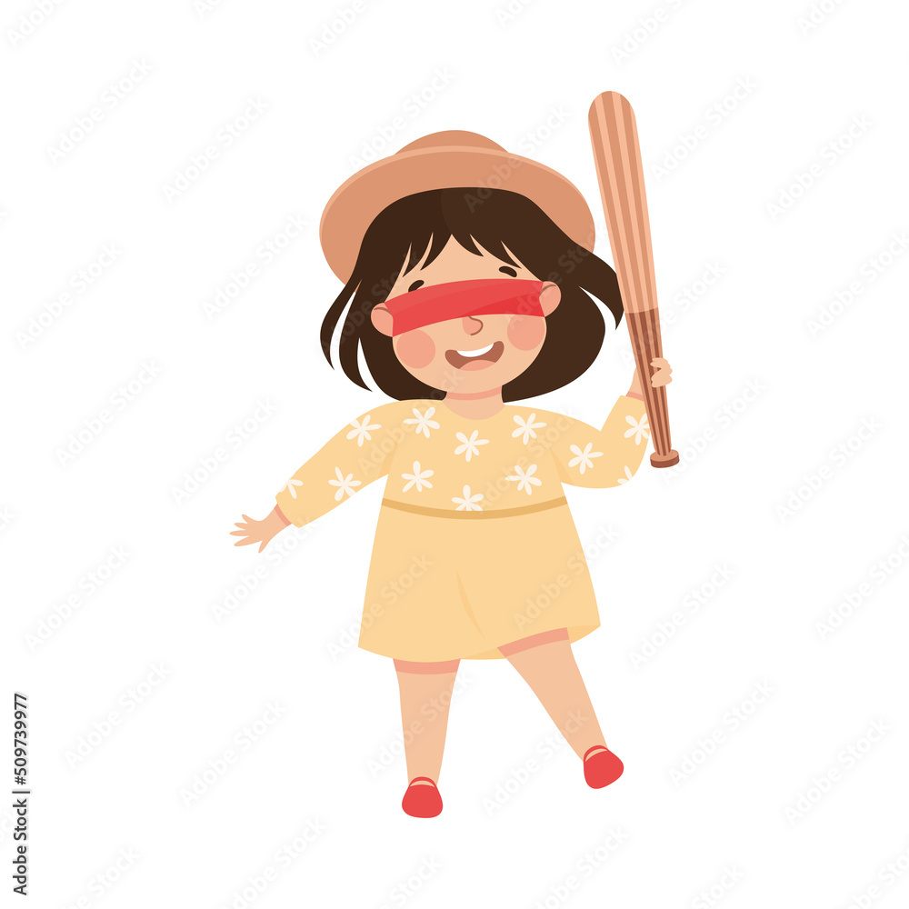 Little Girl with Wooden Stick Ready to Hit Pinata at Birthday Party Vector Illustration Little Girl with Wooden Stick Ready to Hit Pinata at Birthday Party Vector Illustration