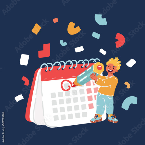 Cartoon vector illustration of litle boy with calendar for anniversary use pencil. Birthday concept.