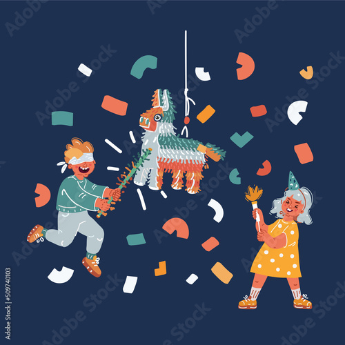 Cartoon vector illustration of Happy children playing pinata at holiday party. Boys and girl hitting pi ata with candy sweet treats by sticks celebrate festive birthday.