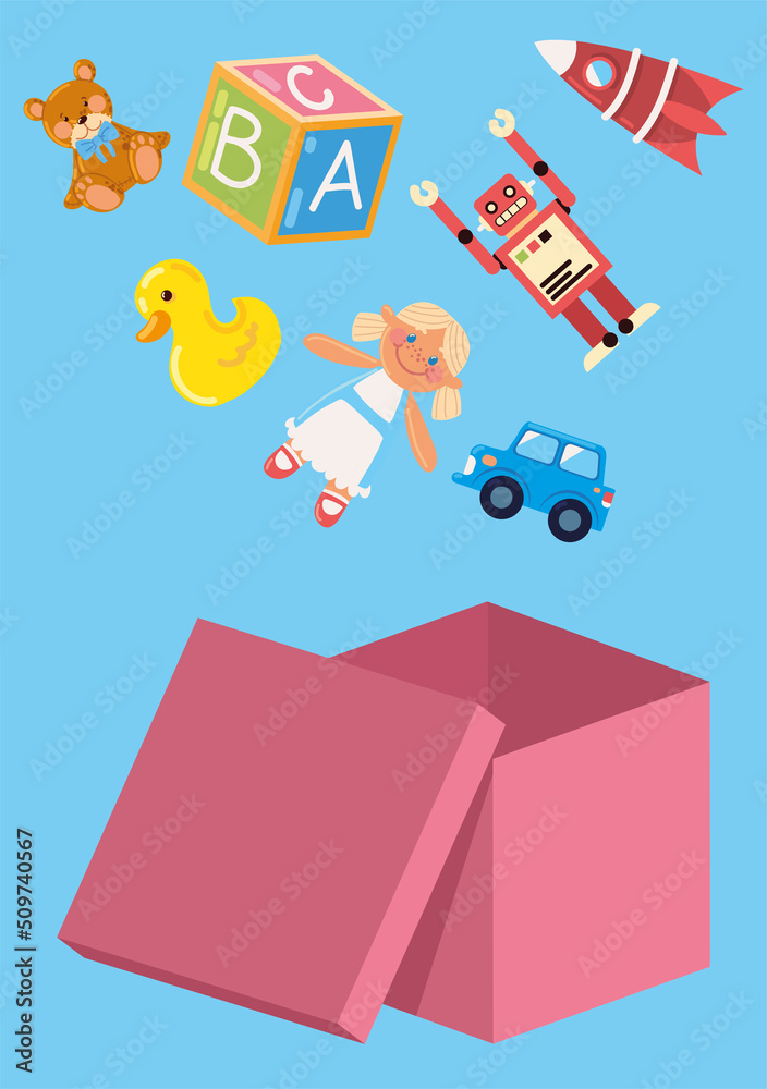 toys in a cardboard box toys in a cardboard box