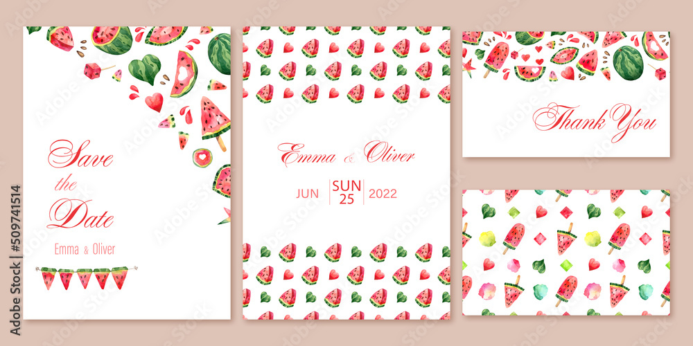 Wedding invitation template with watercolor watermelon decor. Isolated illustration for celebration design with slices of berry. Summer set for invite on bridal with fruit seamless pattern and border