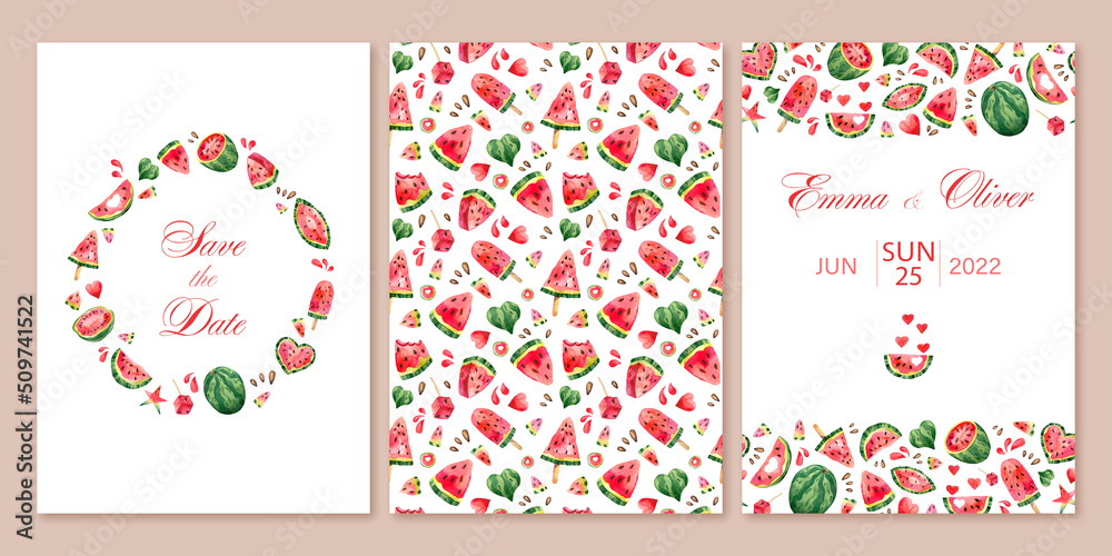 Summer set of wedding invitation template. Seamless pattern for birthday background design. Fruit card with watercolor watermelon slice, ice cream and heart. Isolated illustration for holiday or party