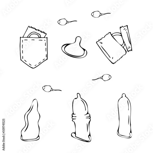 A set of different types of condoms. Methods of contraception and birth control. A condom for safe sex. Vector illustration in a flat style