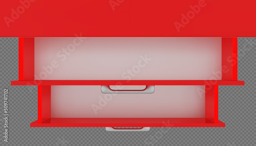 Top view of two red empty open drawers of cabinet, cupboard or nightstand. Vector mockup of 3D rendered furniture. Interior office or living room object