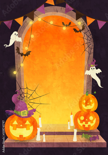 ハロウィンのカボチャやお化けのベクターイラスト背景(art,holiday,card,background,celebration,party,night,wallpaper,poster,event,orange,graphic,color,pumpkin)