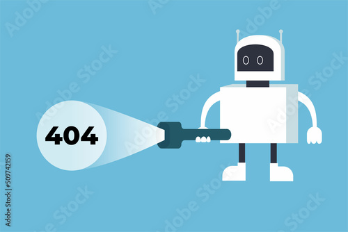 A white robot searching for a 404 error with a torch light. 404 page not found error concept with a robot flat design vector. System finding 404 error with a big torch light on a blue background.