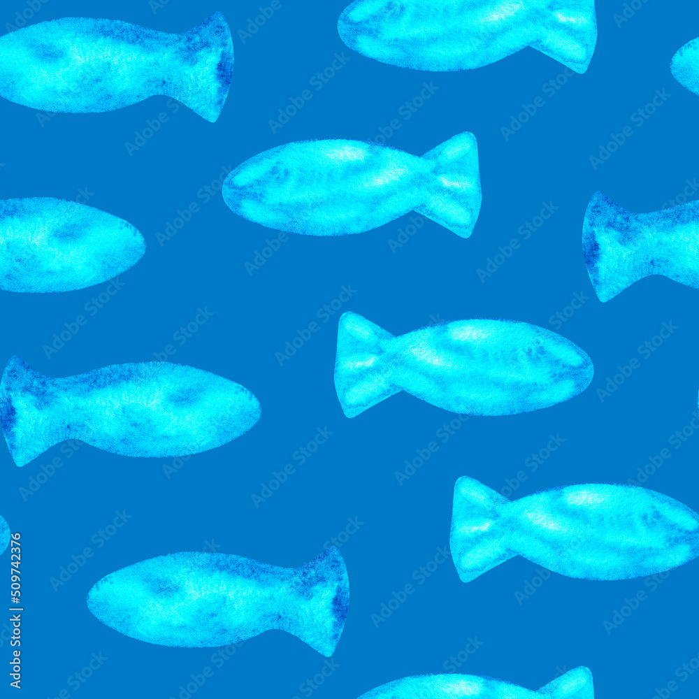 Seamless fish pattern. Watercolor illustration. Isolated on a blue background. Seamless fish pattern. Watercolor illustration. Isolated on a blue background.