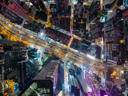 Top down view of Hong Kong city street at night © leungchopan