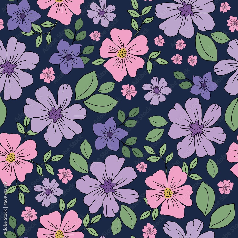 seamless vintage pattern. lilac and pink flowers, green leaves. dark blue background. vector texture. trendy print for textiles and wallpaper.