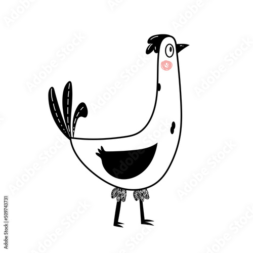 Fotografering Cute hand drawn vector comic doodle in cartoon black white engraved style isolated on white cockerel rooster