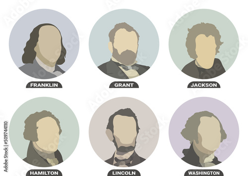 Benjamin Franklin, Ulysses S. Grant, Andrew Jackson, Alexander Hamilton, Abraham Lincoln and George Washington, politicians and Presidents of the United States of America. Stylized portraits set
