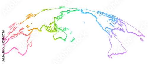 境界線強調世界地図、カラフル、アジア中心