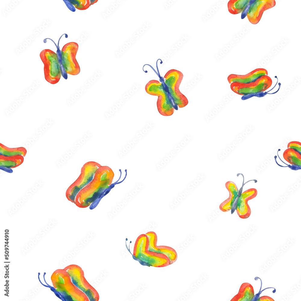 Cute watercolor seamless butterfly pattern. Children's magic butterfly patterns. Multicolored watercolor illustration
