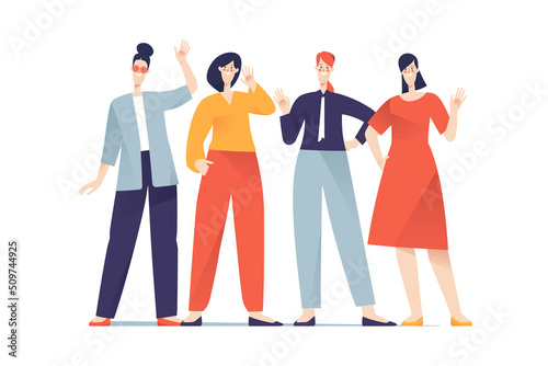 Group of friendly smiling women waving hands. Vector illustration