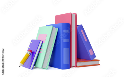 Stack of books with pencil. 3D illustration