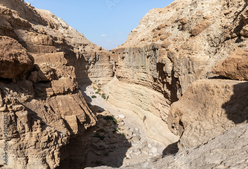 Stone  desert near the Khatsatson stream, on the Israeli side of the Dead Sea, near Jerusalem in Israel