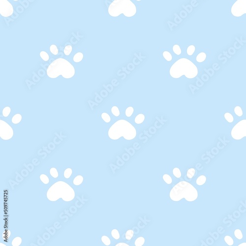 Blue cat seamless pattern. Meow and cat paws background vector illustration. Cute cartoon pastel character for nursery girl baby print.
