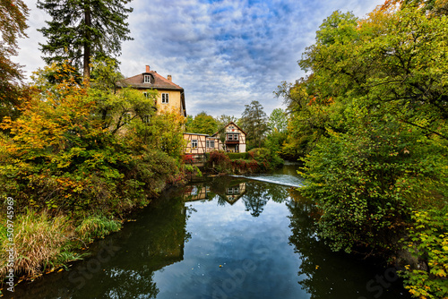The Ilm river in the park on the Ilm in Weimar, Thuringia, Germany.