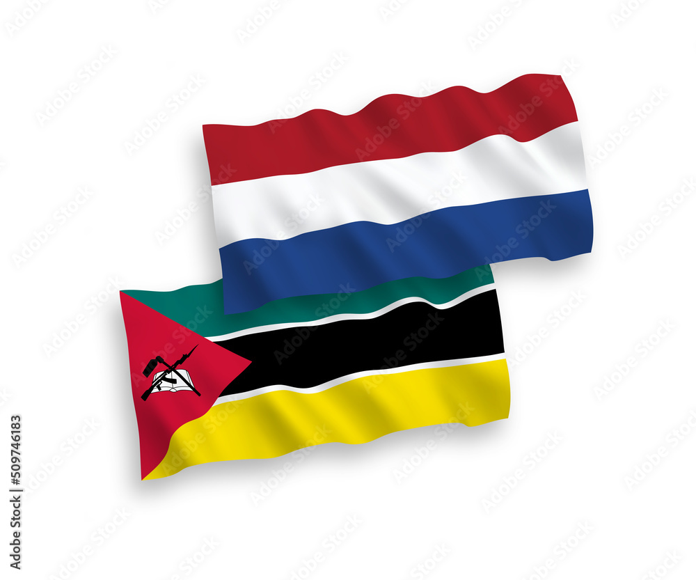 Flags of Republic of Mozambique and Netherlands on a white background Flags of Republic of Mozambique and Netherlands on a white background