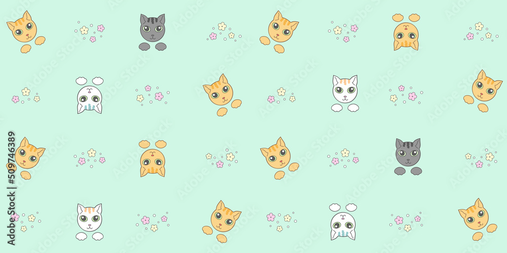 Red, white and black cat faces and paws on a light green background with flowers. Endless texture with cute kittens. Vector seamless pattern for wrapping paper, packaging, surface texture and cover Red, white and black cat faces and paws on a light green background with flowers. Endless texture with cute kittens. Vector seamless pattern for wrapping paper, packaging, surface texture and cover