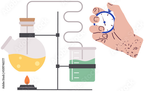 Science, biotechnology and chemistry laboratory equipment. Idea of education, botany, microbiology. Research in lab with different liquids in flasks. Items and equipment for scientific experiments