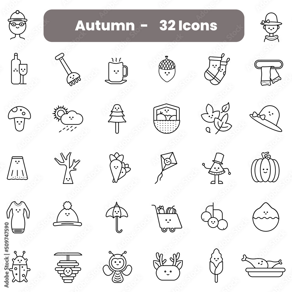 Black Line Art Cute Autumn Season Cartoon Character Icon Set. Black Line Art Cute Autumn Season Cartoon Character Icon Set.