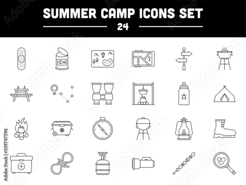Black Linear Style Summer Camp Icon Or Symbol.