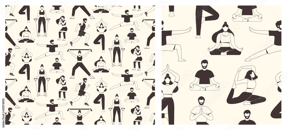 Collection of seamless patterns with people doing fitness exercises and yoga. The concept of sport, gym, yoga, pilates, fitness. Healthy lifestyle. Vector illustration. Sketch style.