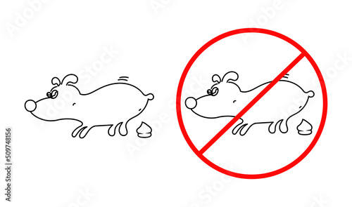 Funny fat dog poops. Vector doodle drawing. Dog walking is prohibited. photo