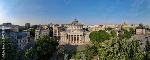 Aerial drone panoramic view of Romanian Athenaeum in Bucharest, Romania photo