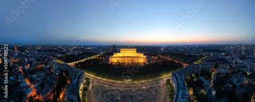 Obraz na płótnie Aerial drone panoramic view of Palace of the Parliament in Bucharest downtown at night, Romania w salonie
