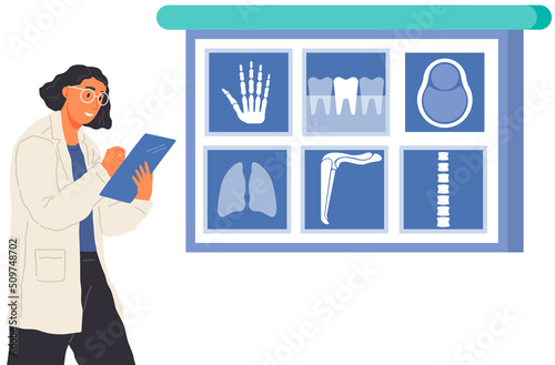 Doctor analyzes results of medical checkup. Female scientist looking at x-ray of human hand. Treatment, health care, diagnosis. Specialist diagnoses patient by roentgen. Orthopedist examining injury