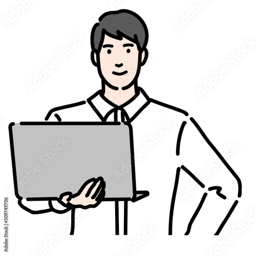 ラップトップを持って笑顔で意気込んでいる若い男性のバストアップ
