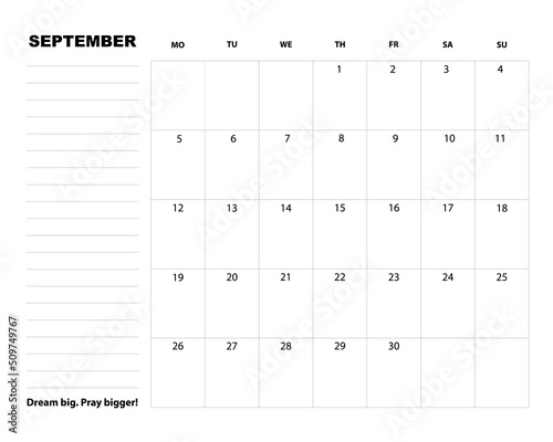 Organizer, planner for the month of September, vector.