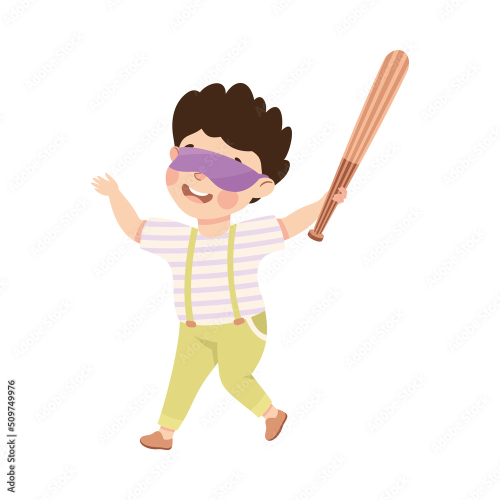 Little Boy with Wooden Stick Ready to Hit Pinata at Birthday Party Vector Illustration Little Boy with Wooden Stick Ready to Hit Pinata at Birthday Party Vector Illustration