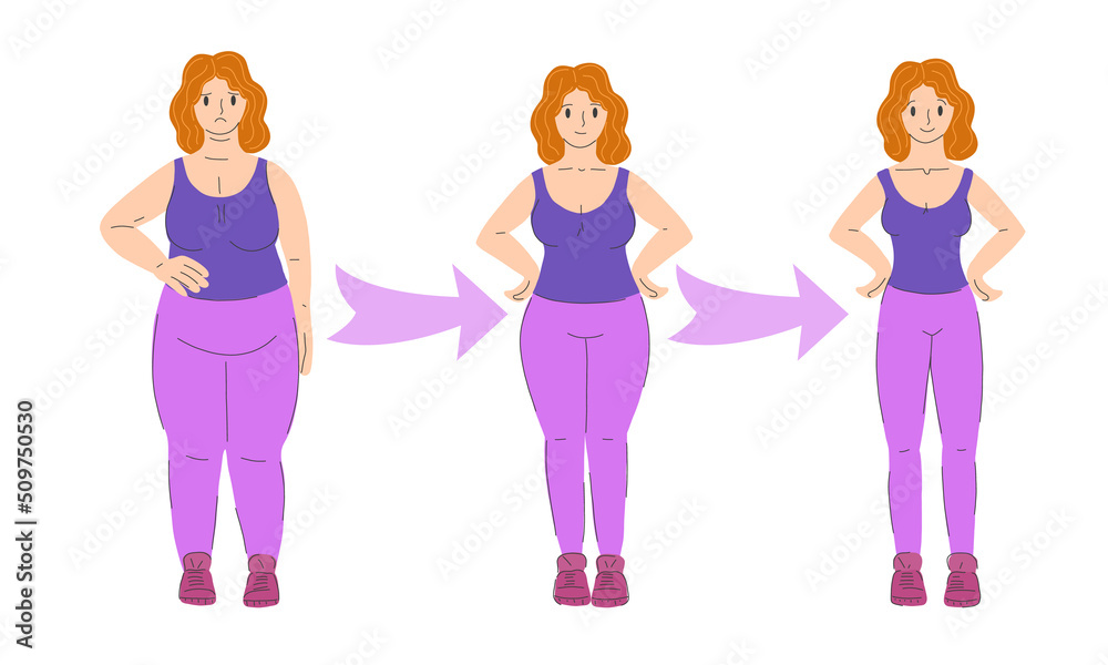 Fat thin before and after weight loss. Obesity and weight loss. Woman overweight. Sport, nutrition, beauty, health change. vector illustration on a white background.