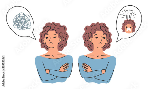 Sad offended woman sulking. Frustrated female character. Expressing angry emotion and unhappy face expression. Irritated person. Vector illustration isolated on white background