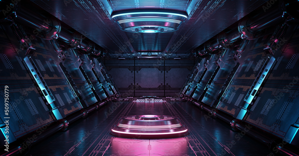 Blue and pink spaceship interior with projector. Futuristic corridor in space station with glowing neon lights background. 3d rendering - obrazy, fototapety, plakaty 