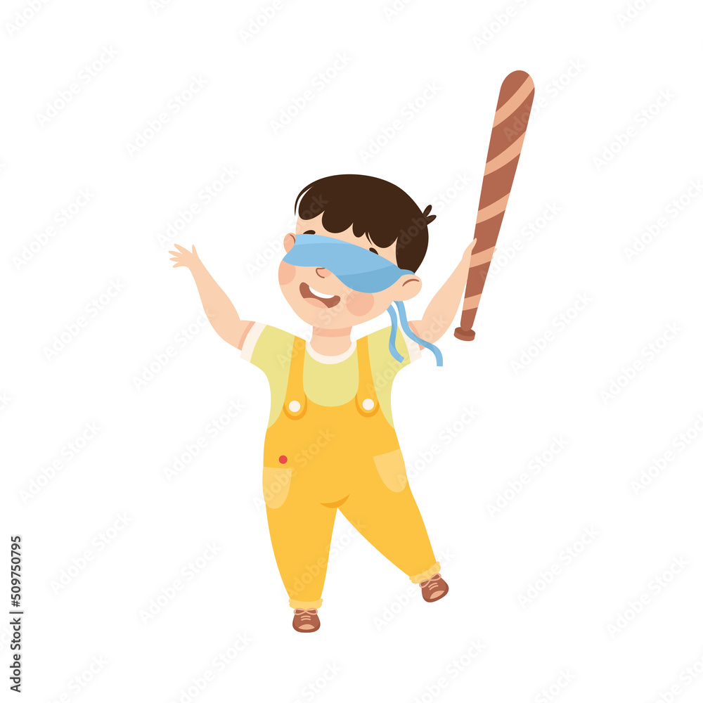 Little Boy with Wooden Stick Ready to Hit Pinata at Birthday Party Vector Illustration Little Boy with Wooden Stick Ready to Hit Pinata at Birthday Party Vector Illustration
