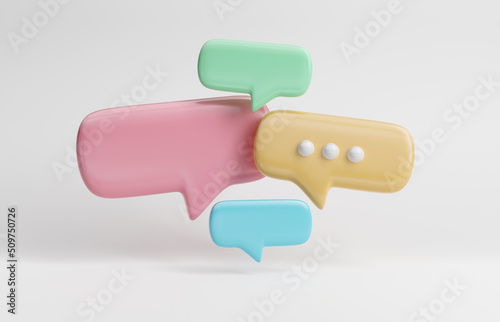 Minimalist colorful speech bubbles talk icons floating over white background. Modern conversation or social media messages with shadow. 3D rendering