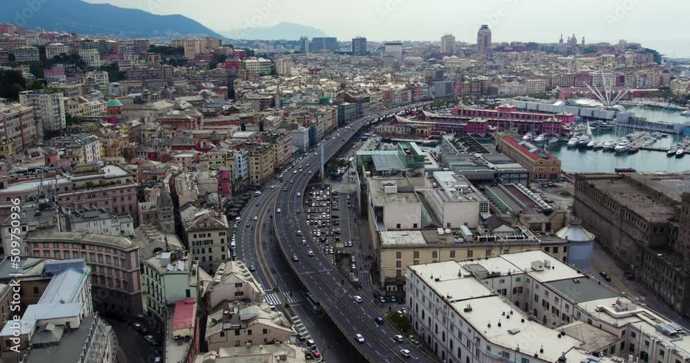 Cityscape drone view of Genoa metropolitan city, important Mediterranean seaport Cityscape drone view of Genoa metropolitan city, important Mediterranean seaport